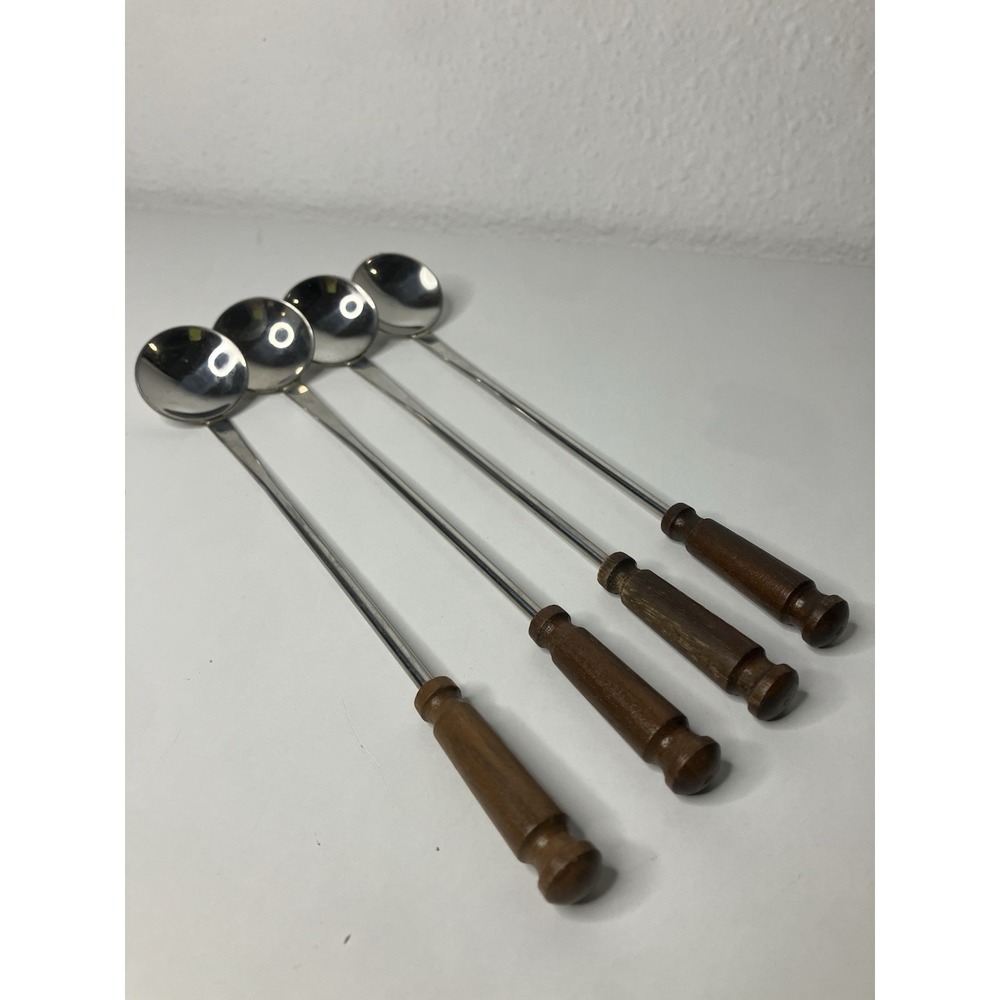 Vintage Set Of 4 Stainless Ice Tea Spoons Wood Handle ~8.5"